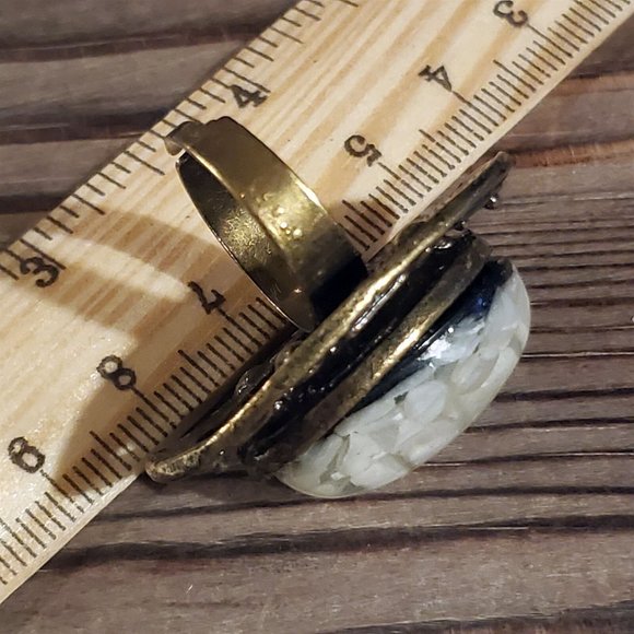 Antique Brass Mother of Pearl Black Resin Domed Cocktail Statement Ring #A2 - Picture 8 of 10